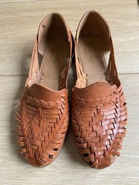 Woven Leather Huarache Flats - Brown